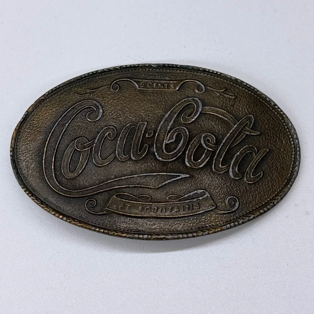 Vintage Coca-Cola Belt Buckle Brass/Bronze Tone‎ Oval 5 Cents At Fountains Mens